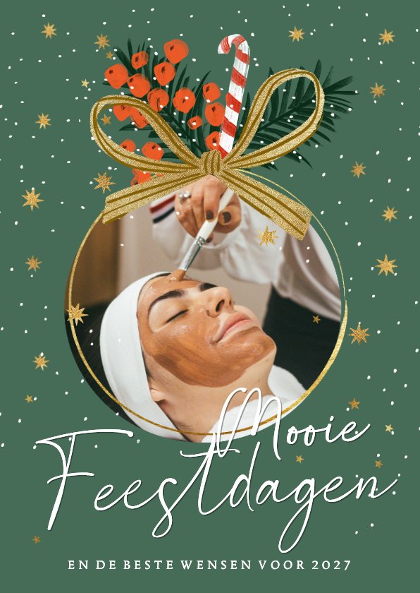 Zakelijke kerstkaart kerstbal goud sterren strik kersttak - Zakelijke kerstkaarten Zakelijke kerstkaarten - Zakelijke kerstkaart kerstbal goud sterren strik kersttak