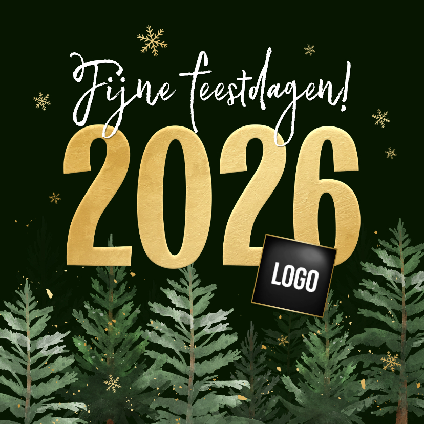 Zakelijke kerstkaarten - Zakelijke kerstkaart kerstbomen goud 2026 jaartal sneeuw