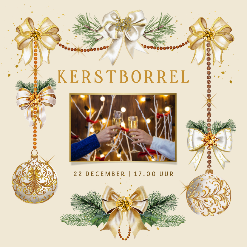 Zakelijke kerstkaart kerstborrel kerstballen met strikken - Zakelijke kerstkaarten Zakelijke kerstkaarten - Zakelijke kerstkaart kerstborrel kerstballen met strikken