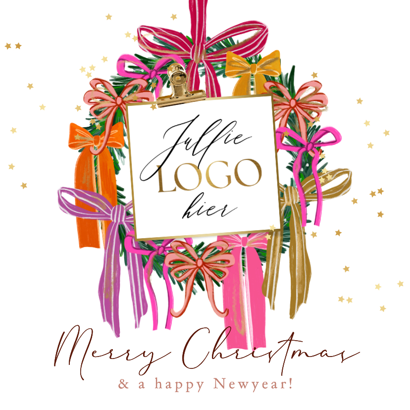 Zakelijke kerstkaarten - Zakelijke kerstkaart kerstkrans strikken logo sterren goud