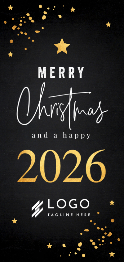 Zakelijke kerstkaart langwerpig zwart 2026 goudlook - Zakelijke kerstkaarten Zakelijke kerstkaarten - Zakelijke kerstkaart langwerpig zwart 2026 goudlook