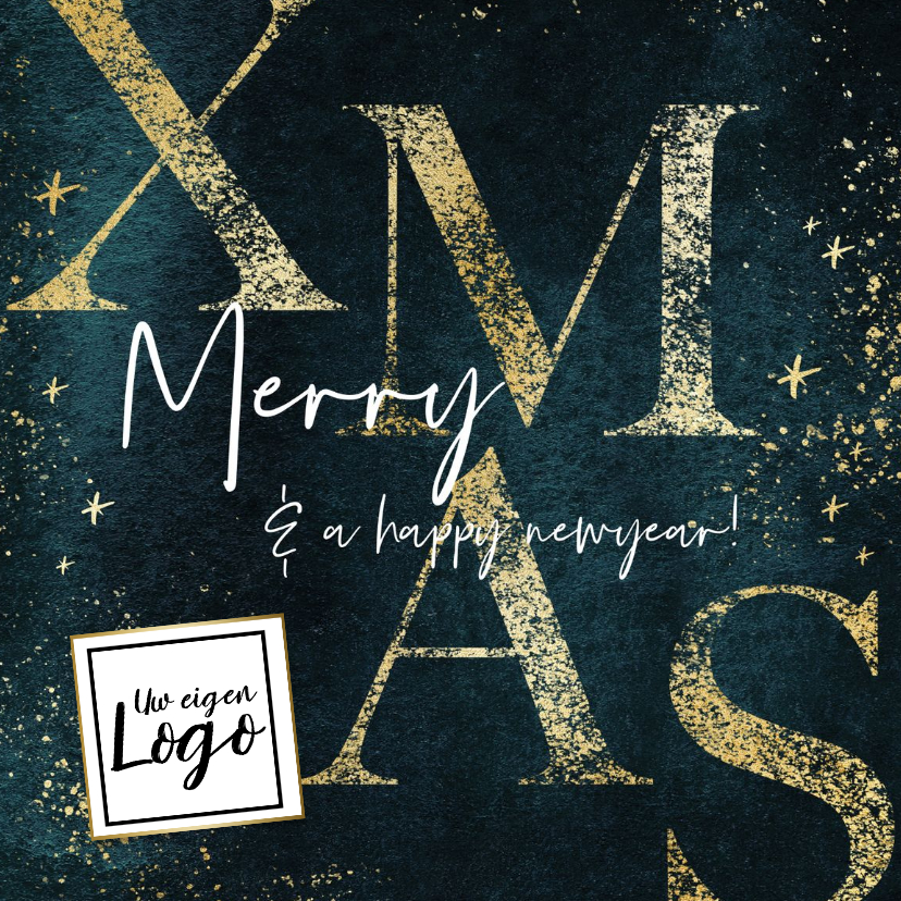Zakelijke kerstkaarten - Zakelijke kerstkaart 'Merry Xmas' goudlook sterren logo