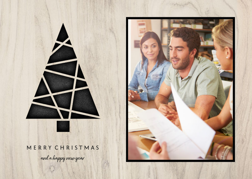 Zakelijke kerstkaart met foto, kerstboom en hout - Zakelijke kerstkaarten Zakelijke kerstkaarten - Zakelijke kerstkaart met foto, kerstboom en hout