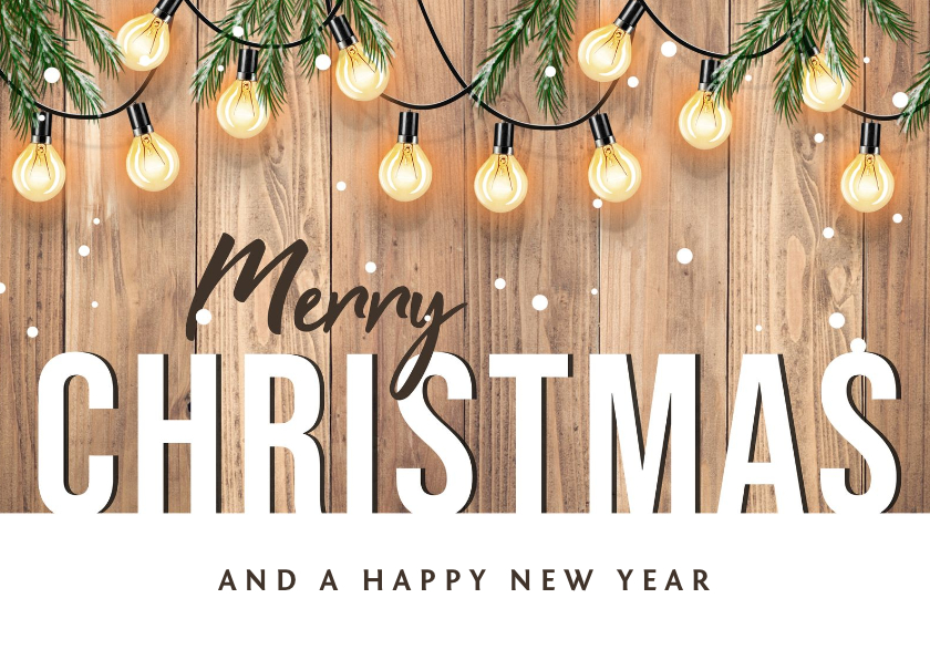 Zakelijke kerstkaart met hout en lampjes - Zakelijke kerstkaarten Zakelijke kerstkaarten - Zakelijke kerstkaart met hout en lampjes