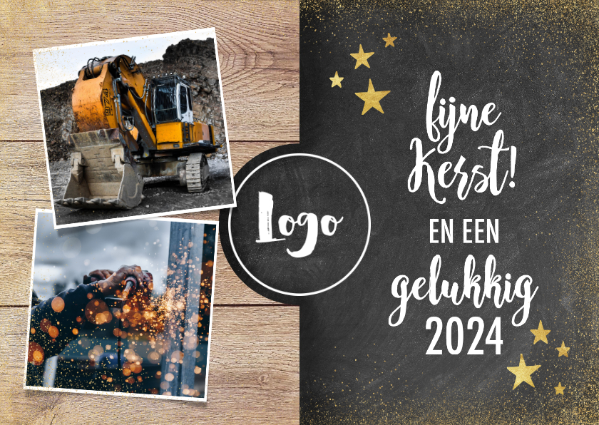 Zakelijke kerstkaart met hout, krijtbord, foto's en logo - Zakelijke kerstkaarten Zakelijke kerstkaarten - Zakelijke kerstkaart met hout, krijtbord, foto's en logo