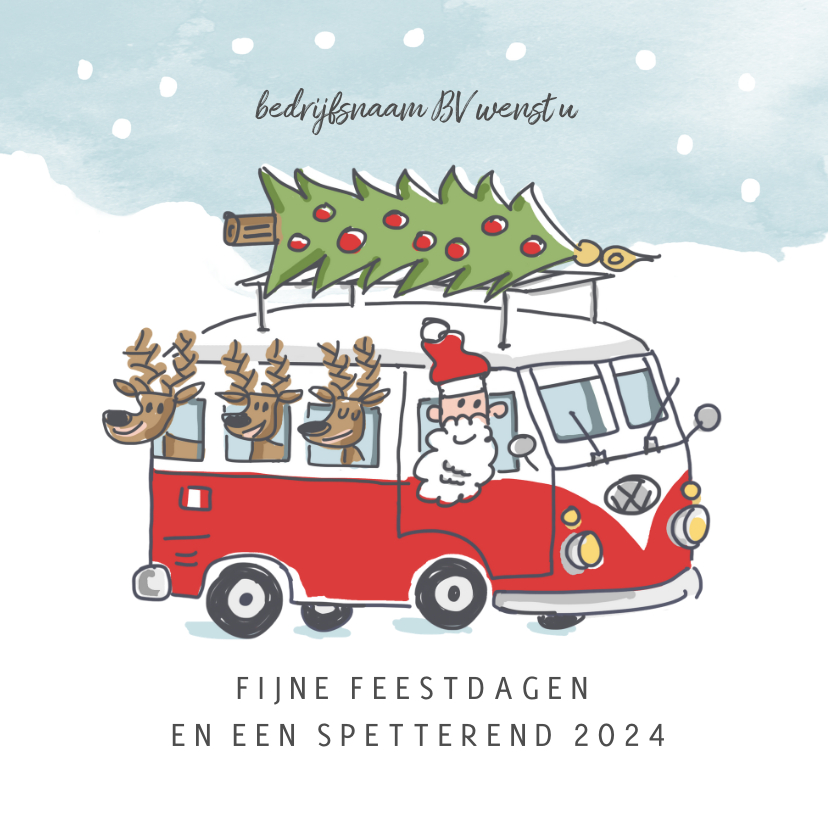 Zakelijke kerstkaarten - Zakelijke kerstkaart met kerstman en 3 rendieren in vwbusje