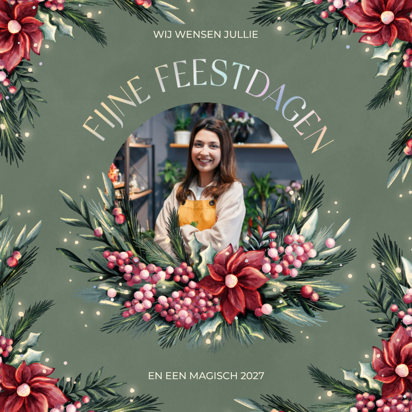 Zakelijke kerstkaart met waterverf krans bloemen en besjes - Zakelijke kerstkaarten Zakelijke kerstkaarten - Zakelijke kerstkaart met waterverf krans bloemen en besjes