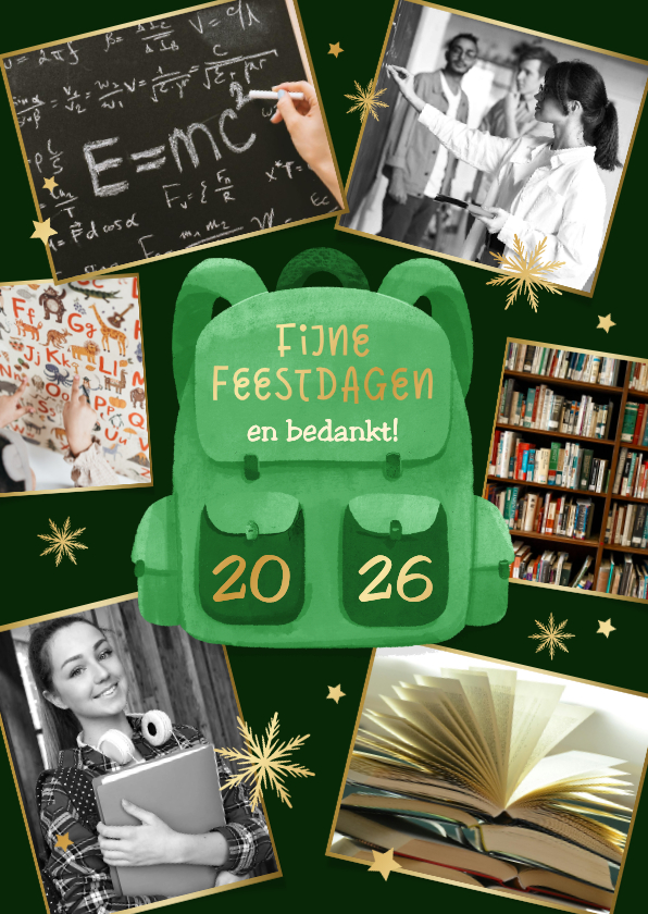 Zakelijke kerstkaart onderwijs rugzak fotocollage sterren - Zakelijke kerstkaarten Zakelijke kerstkaarten - Zakelijke kerstkaart onderwijs rugzak fotocollage sterren