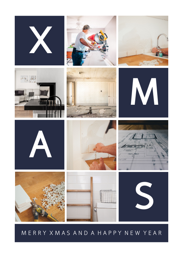 Zakelijke kerstkaart rechthoekig XMAS met vakjes en foto's - Zakelijke kerstkaarten Zakelijke kerstkaarten - Zakelijke kerstkaart rechthoekig XMAS met vakjes en foto's