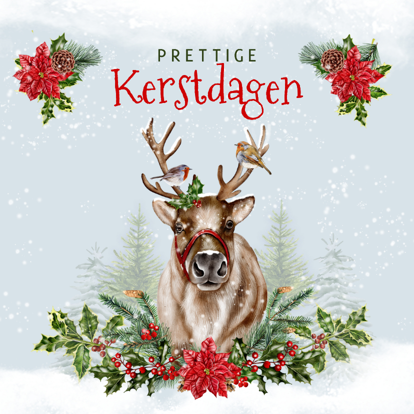 Zakelijke kerstkaart rendier roodborstjes in de sneeuw - Zakelijke kerstkaarten Zakelijke kerstkaarten - Zakelijke kerstkaart rendier roodborstjes in de sneeuw