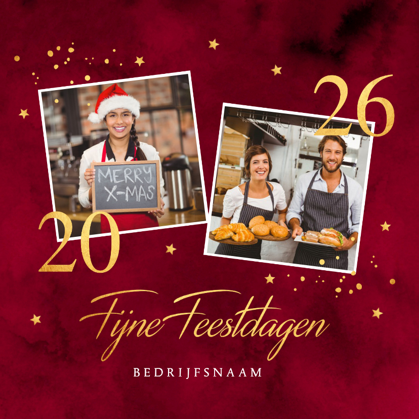 Zakelijke kerstkaart rood foto sterren goudlook 2026 - Zakelijke kerstkaarten Zakelijke kerstkaarten - Zakelijke kerstkaart rood foto sterren goudlook 2026