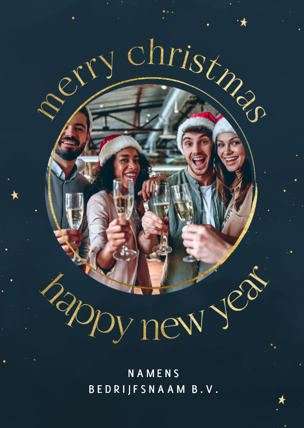 Zakelijke kerstkaart speelse tekst met foto goudfolie - Zakelijke kerstkaarten Zakelijke kerstkaarten - Zakelijke kerstkaart speelse tekst met foto goudfolie
