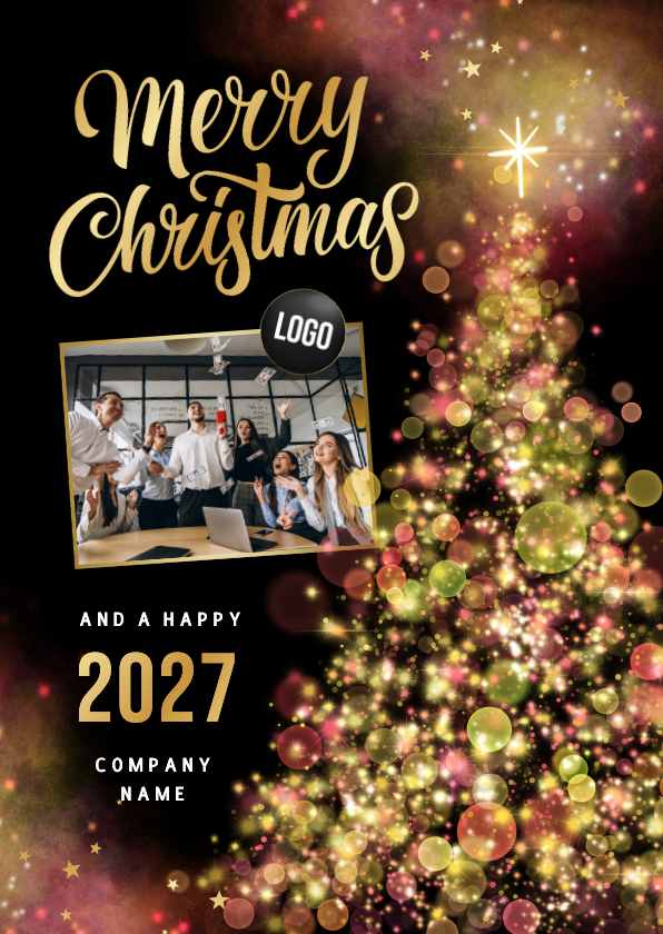 Zakelijke kerstkaarten - Zakelijke kerstkaart sprankelende kerstboom lichtjes 2027
