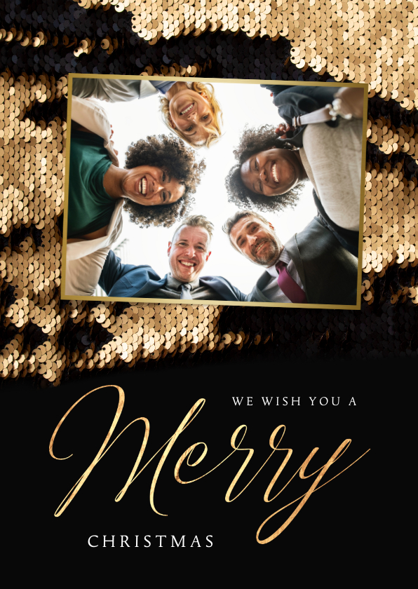 Zakelijke kerstkaart stijlvol Pailletjes goud fotocollage - Zakelijke kerstkaarten Zakelijke kerstkaarten - Zakelijke kerstkaart stijlvol Pailletjes goud fotocollage