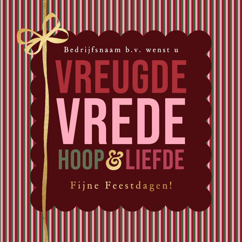 Zakelijke kerstkaart vreugde vrede streep strik goud - Zakelijke kerstkaarten Zakelijke kerstkaarten - Zakelijke kerstkaart vreugde vrede streep strik goud