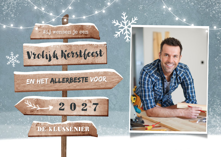 Zakelijke kerstkaart wegwijzers winter hout sneeuw foto - Zakelijke kerstkaarten Zakelijke kerstkaarten - Zakelijke kerstkaart wegwijzers winter hout sneeuw foto