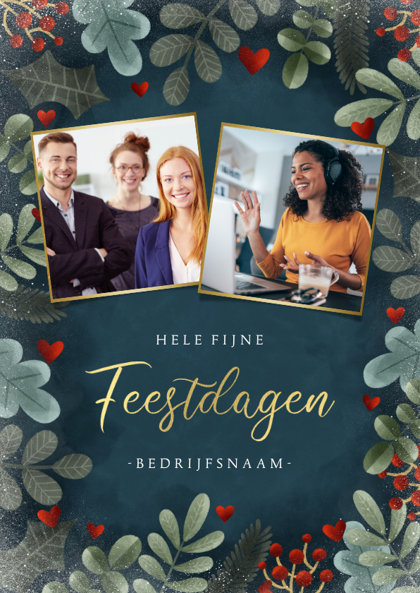 Zakelijke kerstkaarten - Zakelijke sfeervolle kerstkaart kersttakjes hartjes & foto's