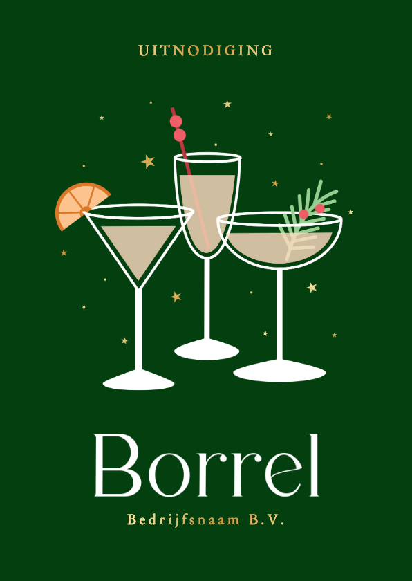 Zakelijke uitnodiging borrel met glaasjes en gouden sterren - Zakelijke kerstkaarten Zakelijke kerstkaarten - Zakelijke uitnodiging borrel met glaasjes en gouden sterren