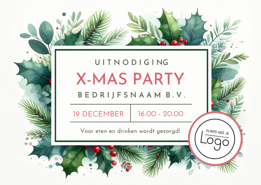 Zakelijke kerstkaarten - Zakelijke uitnodiging kerstviering met hulst en takjes