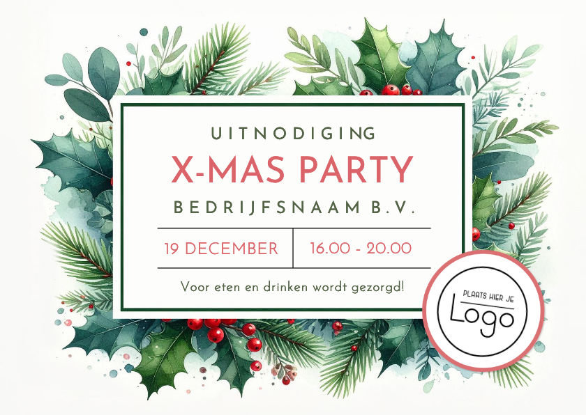 Zakelijke uitnodiging kerstviering met hulst en takjes - Zakelijke kerstkaarten Zakelijke kerstkaarten - Zakelijke uitnodiging kerstviering met hulst en takjes