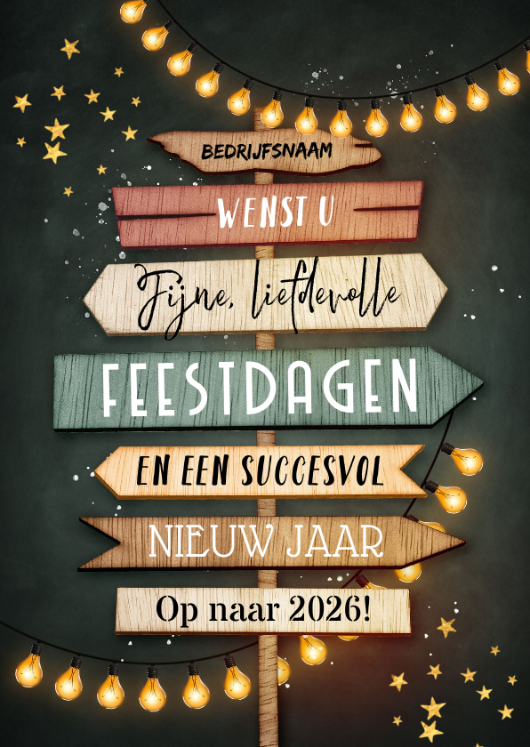 Zakelijke wegwijzers kerstkaart uitnodiging hout lampjes - Zakelijke kerstkaarten Zakelijke kerstkaarten - Zakelijke wegwijzers kerstkaart uitnodiging hout lampjes