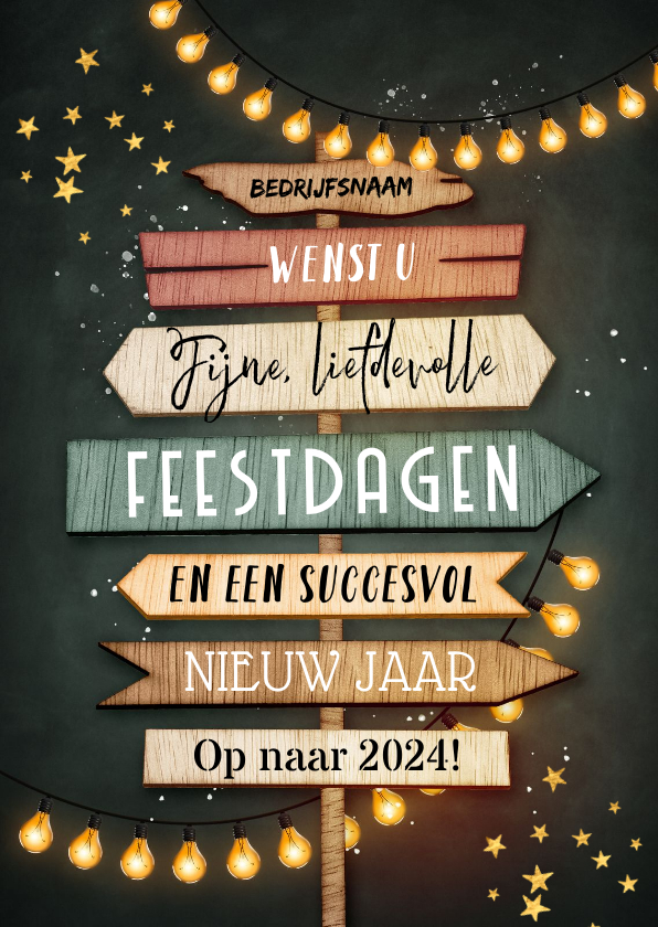 Zakelijke kerstkaarten - Zakelijke wegwijzers kerstkaart uitnodiging hout lampjes