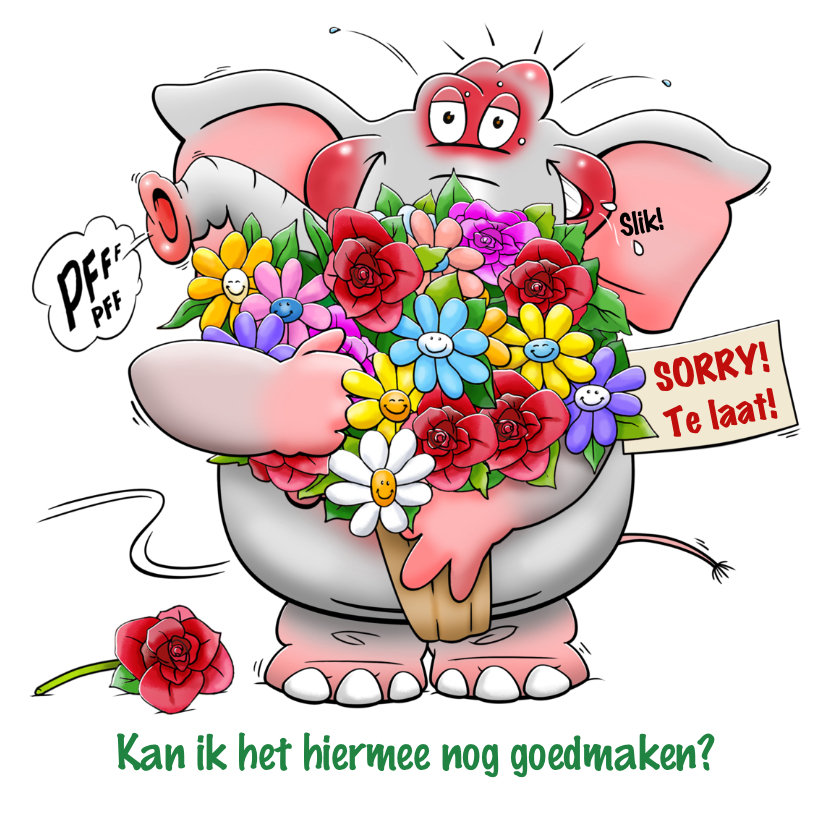 Leuke olifant met grote bos bloemen om het goed te maken - Zomaar kaarten Zomaar kaarten - Leuke olifant met grote bos bloemen om het goed te maken