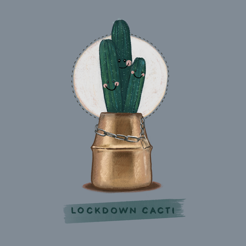 Lieve beterschapskaart van schattige cactussen in lockdown - Zomaar kaarten Zomaar kaarten - Lieve beterschapskaart van schattige cactussen in lockdown