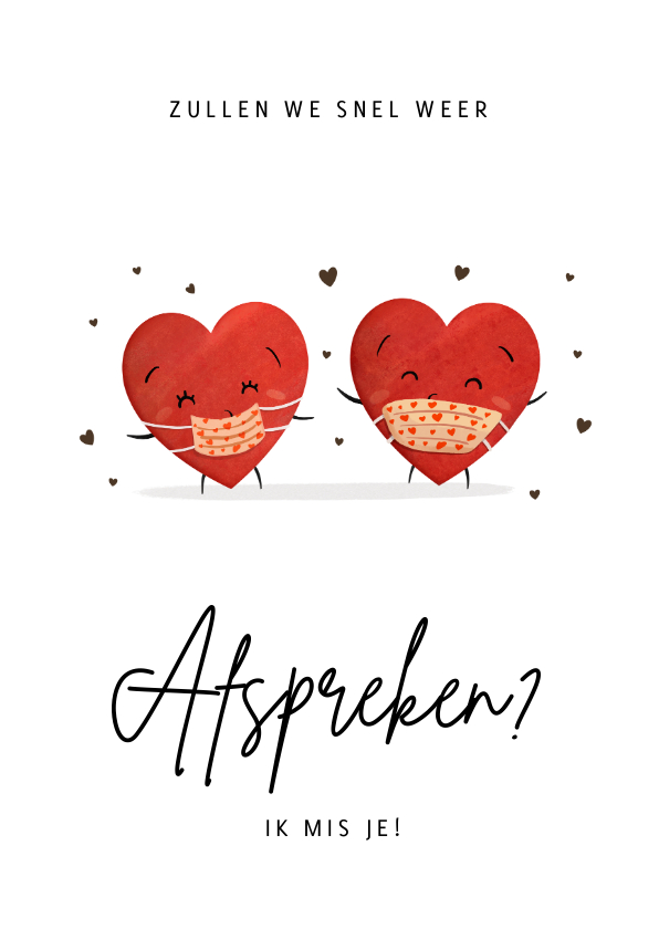 Zomaar ik mis je Coronakaart hartjes met mondkapje - Zomaar kaarten Zomaar kaarten - Zomaar ik mis je Coronakaart hartjes met mondkapje