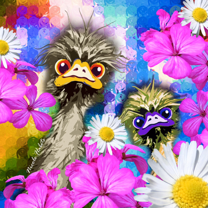 Zomaar kaart met struisvogels en met bloemen - Zomaar kaarten Zomaar kaarten - Zomaar kaart met struisvogels en met bloemen