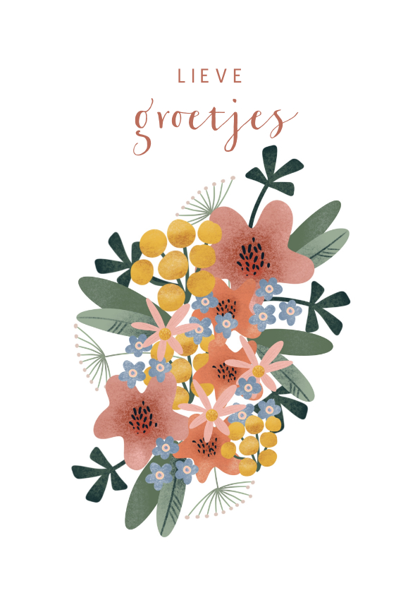 Zomaarkaart groetjes met vrolijke bos bloemen - Zomaar kaarten Zomaar kaarten - Zomaarkaart groetjes met vrolijke bos bloemen